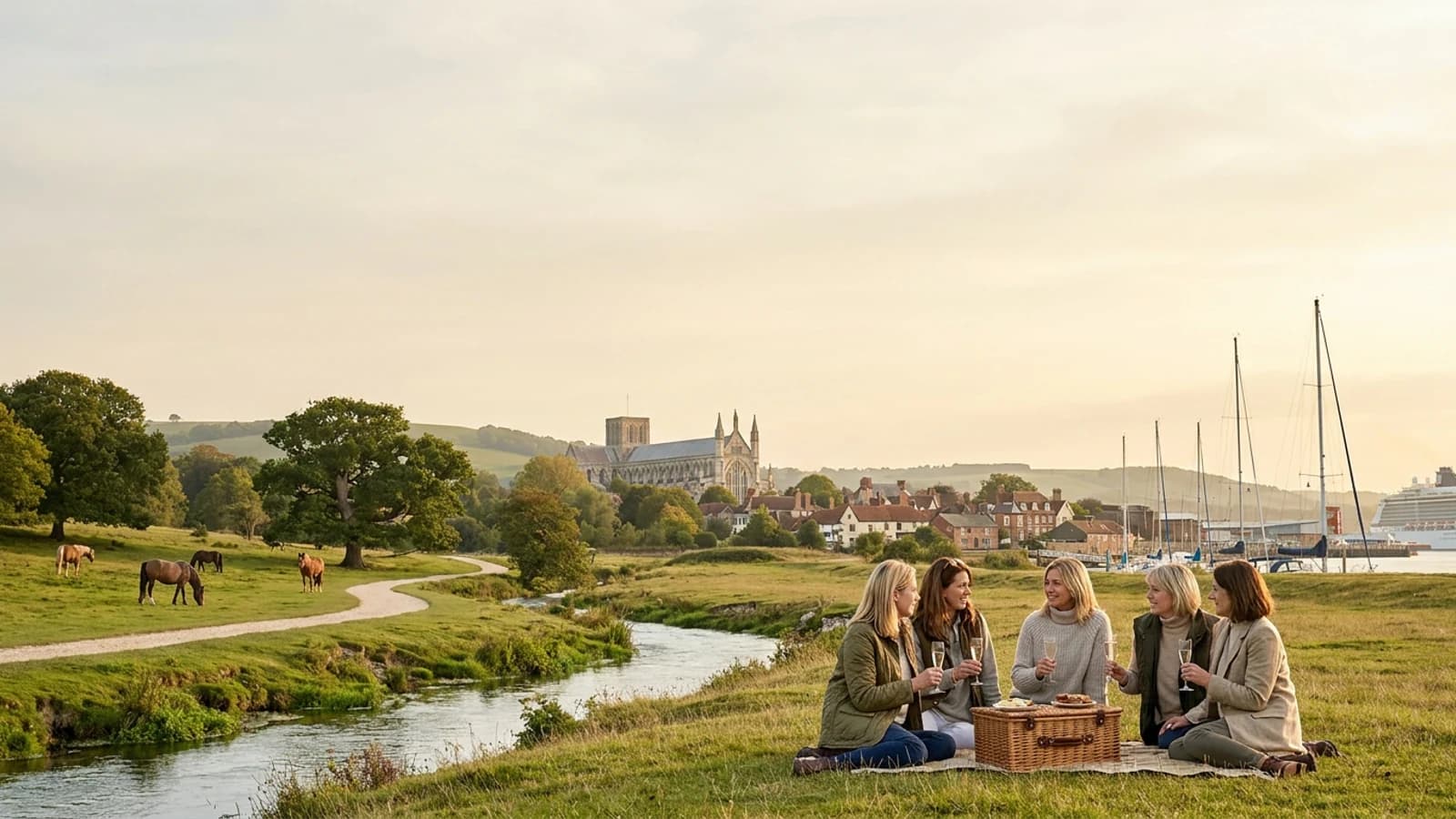 Hen weekend setting in Hampshire with recognisable local cues and an adult group atmosphere